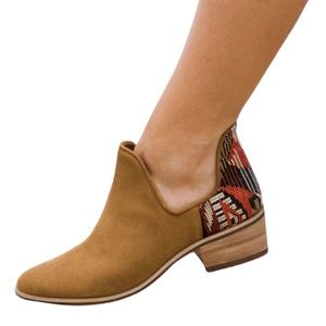 Charleston Shoe Company Aiken Brown Booties with Tapestry Back & Stacked Heel